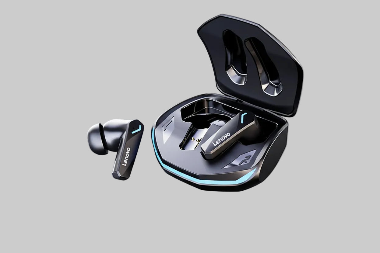 GM2 Pro gaming headset with charging case on a reflective surface
