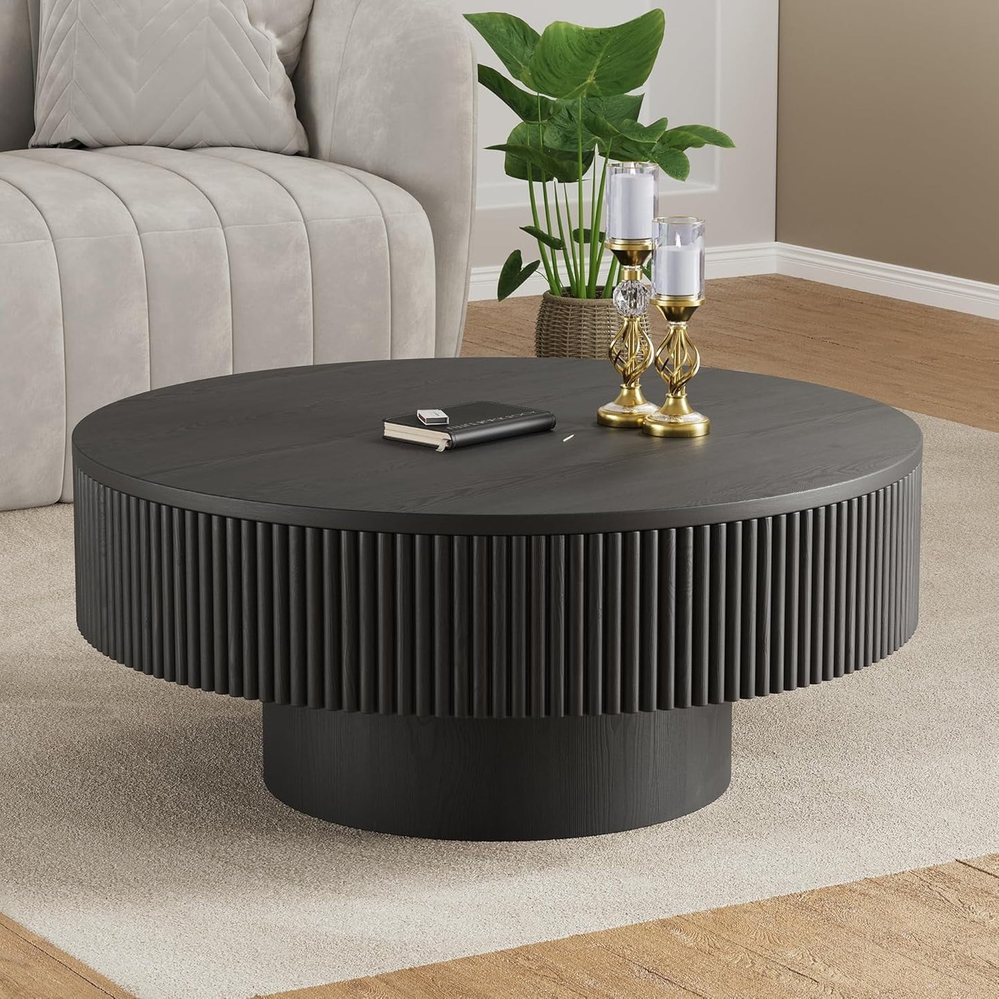 Gelloan 31.5" Round Fluted Coffee Table, Modern Wood Circle Coffee Table, Veneer Handcrafted Relief Tea Table for Living Room,Black