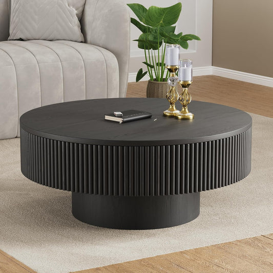Gelloan 31.5" Round Fluted Coffee Table, Modern Wood Circle Coffee Table, Veneer Handcrafted Relief Tea Table for Living Room,Black
