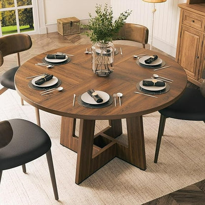 Gelloan 47" Round Dining Table for 4-6 Persons, Modern Farmhouse Wooden Kitchen Table for Dining Room Kitchen,Brown (Only Table)