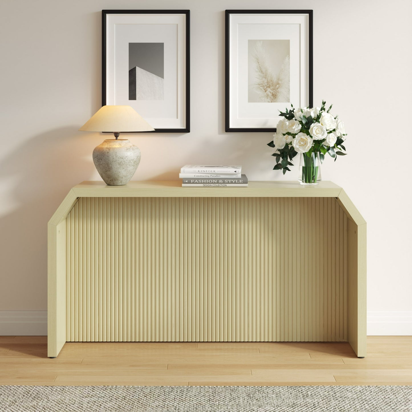 Gelloan 54.3" Wooden Fluted Long Console Table Entryway Table, Sofa Table for Entryway, Living Room, Couch, Hallway, or Office,Oak White