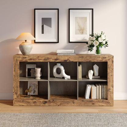 Gelloan 63-Inch Long Sofa Console Table, Rustic Wood Entryway Table with 6 Storage Cubes for Living Room, Hallway, Behind Couch,Brown