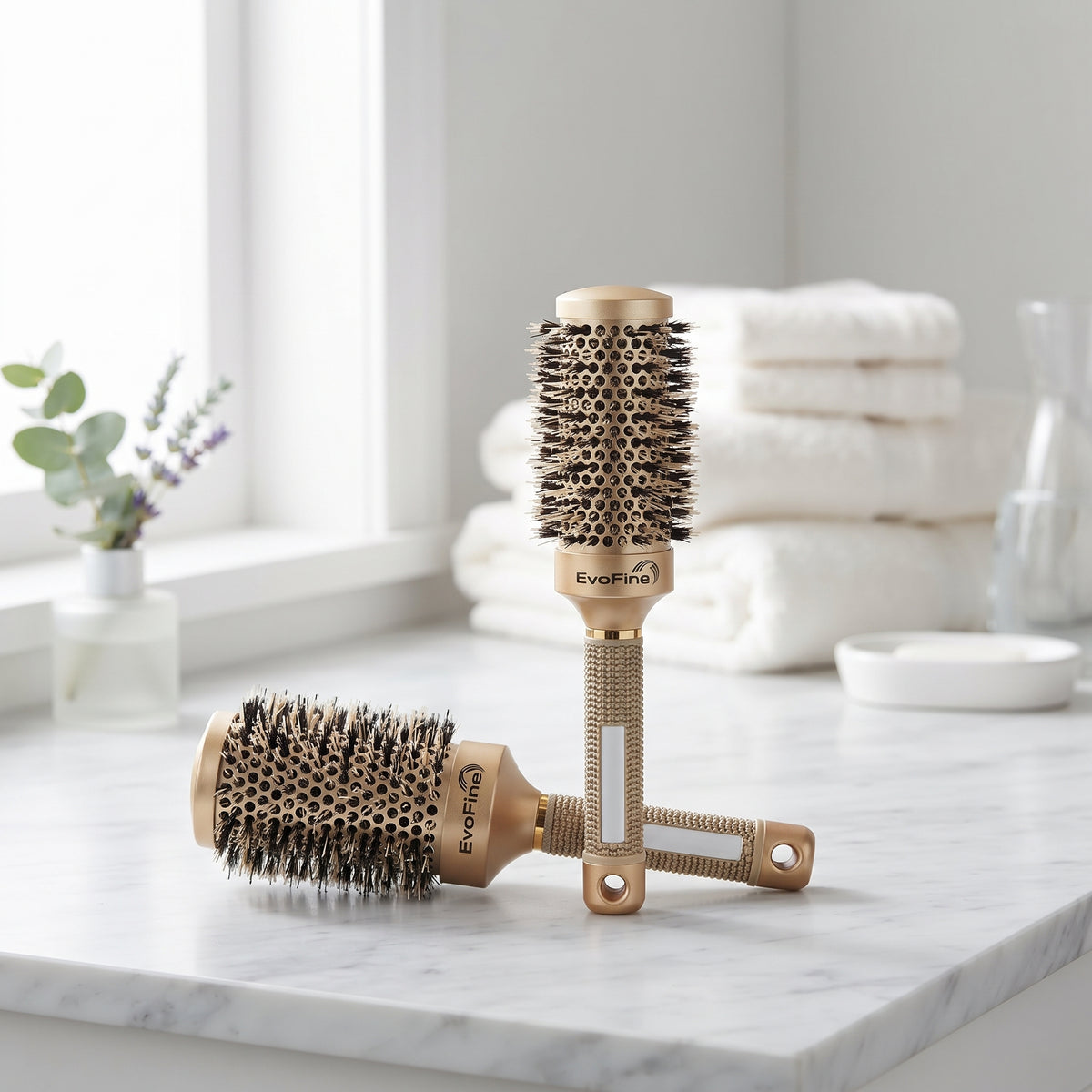 EvoFine Boar Bristle Round Brush with Ceramic Ionic Barrel – Blow Drying & Styling Hair Brush for Volume, Smoothness & Shine, All Hair Types, Gold