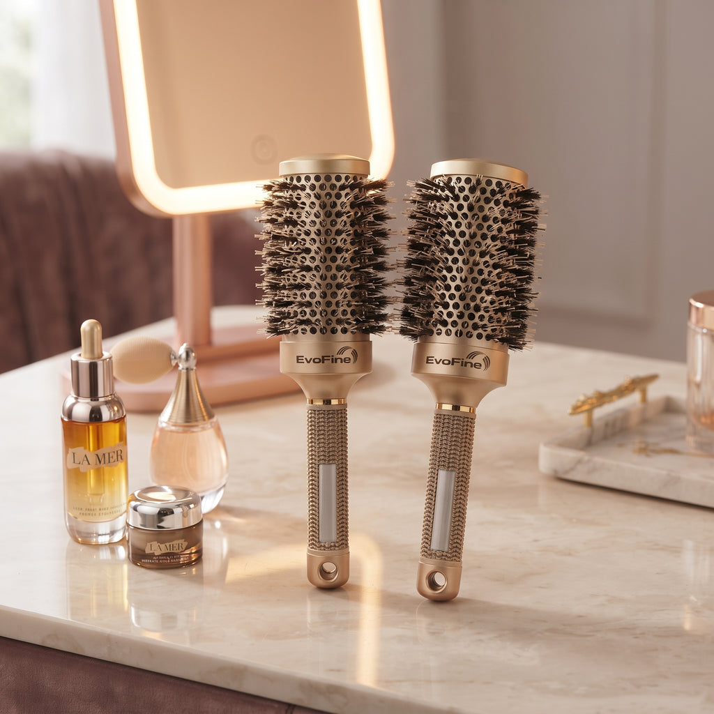 EvoFine Boar Bristle Round Brush with Ceramic Ionic Barrel – Blow Drying & Styling Hair Brush for Volume, Smoothness & Shine, All Hair Types, Gold