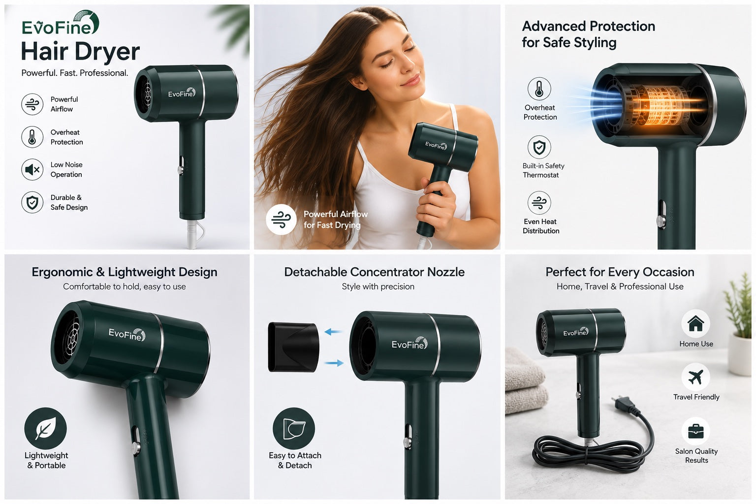EvoFine One-Step Hair Dryer, Strong Wind Hair Care Quick Dry, Electric Hair Hammer, Green
