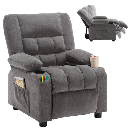JONPONY Kids Recliner Chair,Push Back Toddler Recliner with Cup Holders & Side Pockets,Adjustable Footrest & Headrest Kids Sofa for Boys Girls 3+ Age Group, Grey