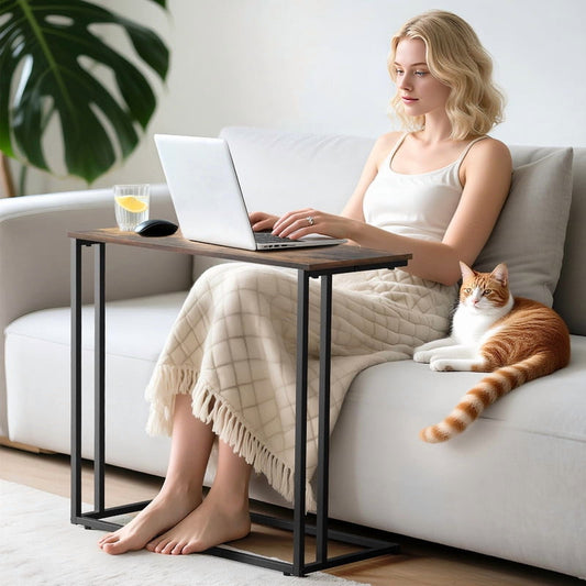 Krpimt C-Shaped End Table for Couch Sofa Side Table with Metal Frame for Bedroom, Living Room, 24.2"x 23.6"x 11.8"(HxWxD), Rustic Brown