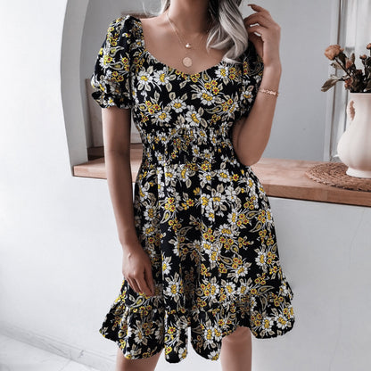 MLDRA 2025 Women's Dress Floral Print Puff Sleeve Smocked Waist Dresses Casual Sundresses for Women