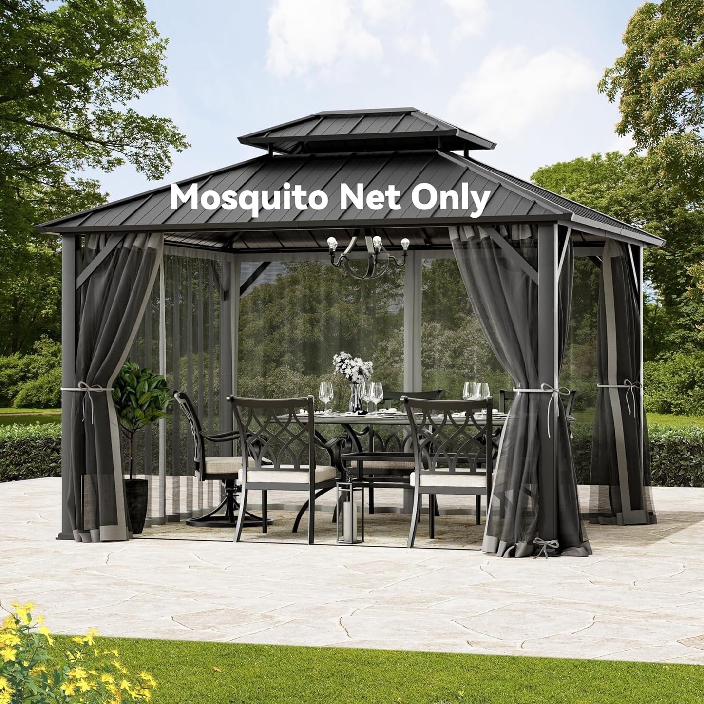 MODERN SHADE universal 4-Panel Mosquito Netting for 10x12 Gazebo,Patio Canopy Replacement with Zipper