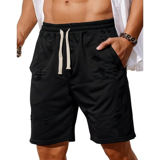 Puztloy Mens Casual Shorts Elastic Waist Ripped Drawstring Shorts Summer Beach Shorts with Pockets, Black