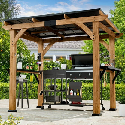 Modern Shade 6'x8' Cedar Bbq Gazebo with Galvanized Steel Roof, Tool Shelves & Dual USB Ports Grill Shelter with Paper Towel Holder for Patio/Backyard