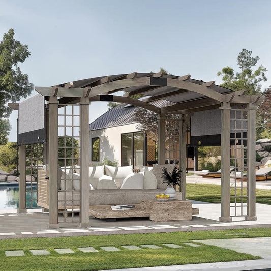 Modern Shade Outdoor Pergola 12' x 14', Patio Pergola with Arched Roof Design, All Aluminum Gazebo with Durable Canvas for patio, Backyard, Deck, Lawn, Wood-Looking
