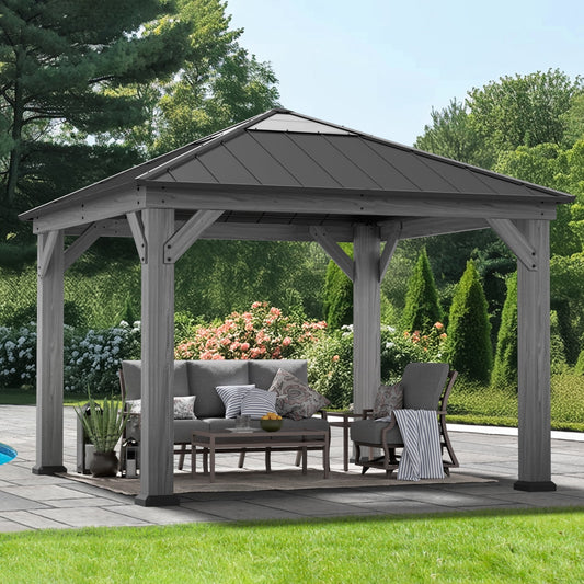 Modern Shade Wood Gazebo 11' x 11', Hardtop Gazebo with Galvanized Steel and Polycarbonate Hip Roof Hardtop, Cedar Framed Wooden Gazebo for Garden, Backyard, Patio and Deck
