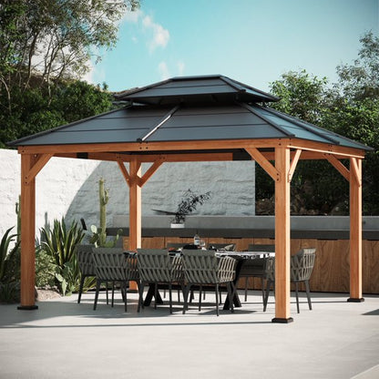 Modern Shade Wood Gazebo 11' x 13', Cedar Framed Wooden Gazebo with Double Galvanized Steel Roof, Hardtop Gazebo with Sturdy Hooks for Garden, Backyard patio and Deck