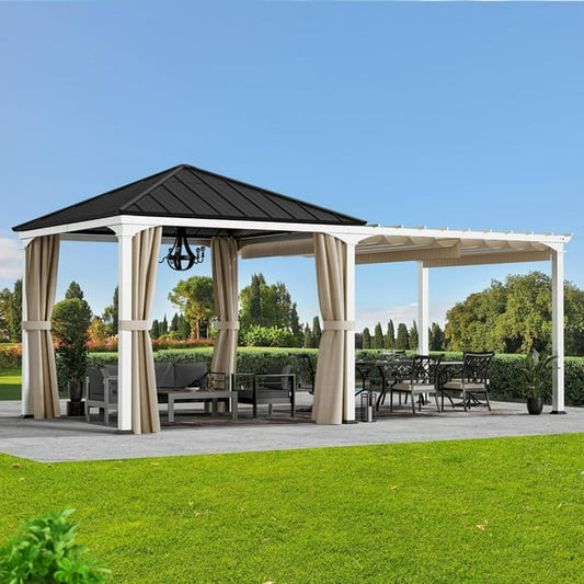 ModernShade 10'x20' Pergola Hybrid Gazebo with Adjustable Shade Fabric,Hardtop Roof,Privacy Curtains,Black and White