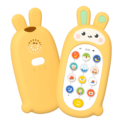 FRESHE Musical Kids Phone Toy with Rabbit Silicone Case, Sensory Learning Toys for 1 Year Old with 13 Functions, Multi Sound Effects & Music, Yellow