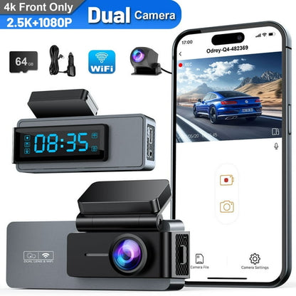 ODREY Dash Cam Front and Rear, 2.5K+1080P WDR Dash Camera for Cars, 4K Single Front Built-in WiFi Car Camera with G-Sensor, Super Night Vision, 64GB Card, Loop Recording, Parking Mode