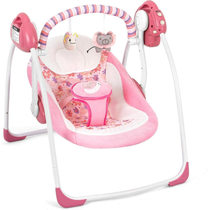 OEIKPFN Foldable Baby Swing for Infants with 6 Speeds & Soothing Music, 0-9 Months, Pink