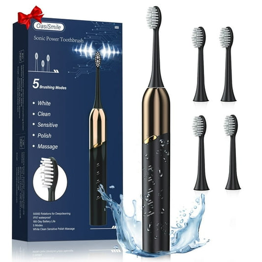 OasiSmile Sonic Electric Toothbrush for Adults, Patented Design 50000 VPM Deep Clean 5 Modes 120-Day Battery Toothbrush with 4 Brush Heads, Black