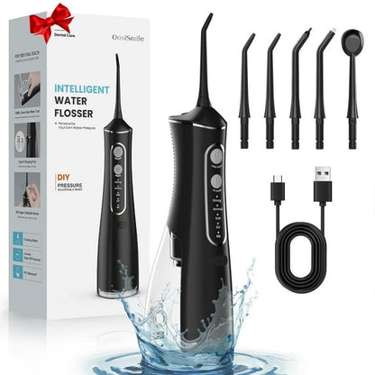 OasiSmile Water Flosser for Teeth Cleaning and Flossing, Portable Cordless Water Picks, Dental Floss 300ML Rechargeable Oral Irrigator with 5 Jet Tips for Home Travel Office, Black