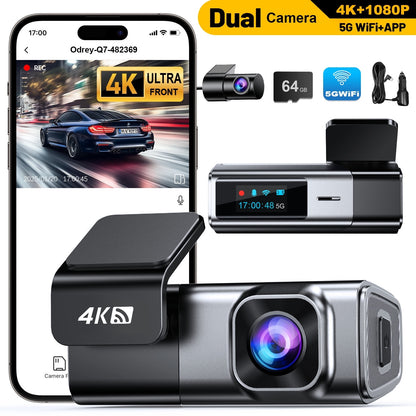 Odrey Car Dash Cam Front and Rear, Dashcam 4K Front and 1080P Rear Camera with 5G WiFi 64GB Card, Dash Camera for Cars with G-Sensor 24H Parking mode, Super Night Vision, Loop Recording