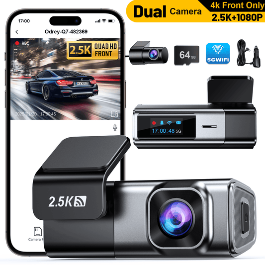 Odrey Car Dash Cam Front and Rear, Dashcam 5G WiFi with 64GB Card, Dash Camera for Cars with G-Sensor 24H Parking mode, Front and Rear Dash Camera with Super Night Vision, Loop Recording