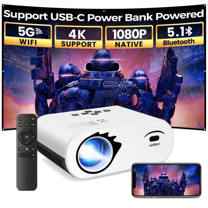 Oldtan 5G WIFI Bluetooth Projector with Screen, Power Bank Powered 1080P Projector for Outdoor