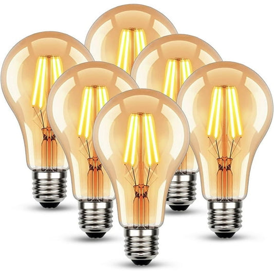 Roomrite LED Vintage Light Bulb, Edison Bulbs 4W (40W Equivalent) A19 Warm Light Bulbs 2400K 300LM E26 Base,Non-Dimmable,Amber Glass - 6 Pack