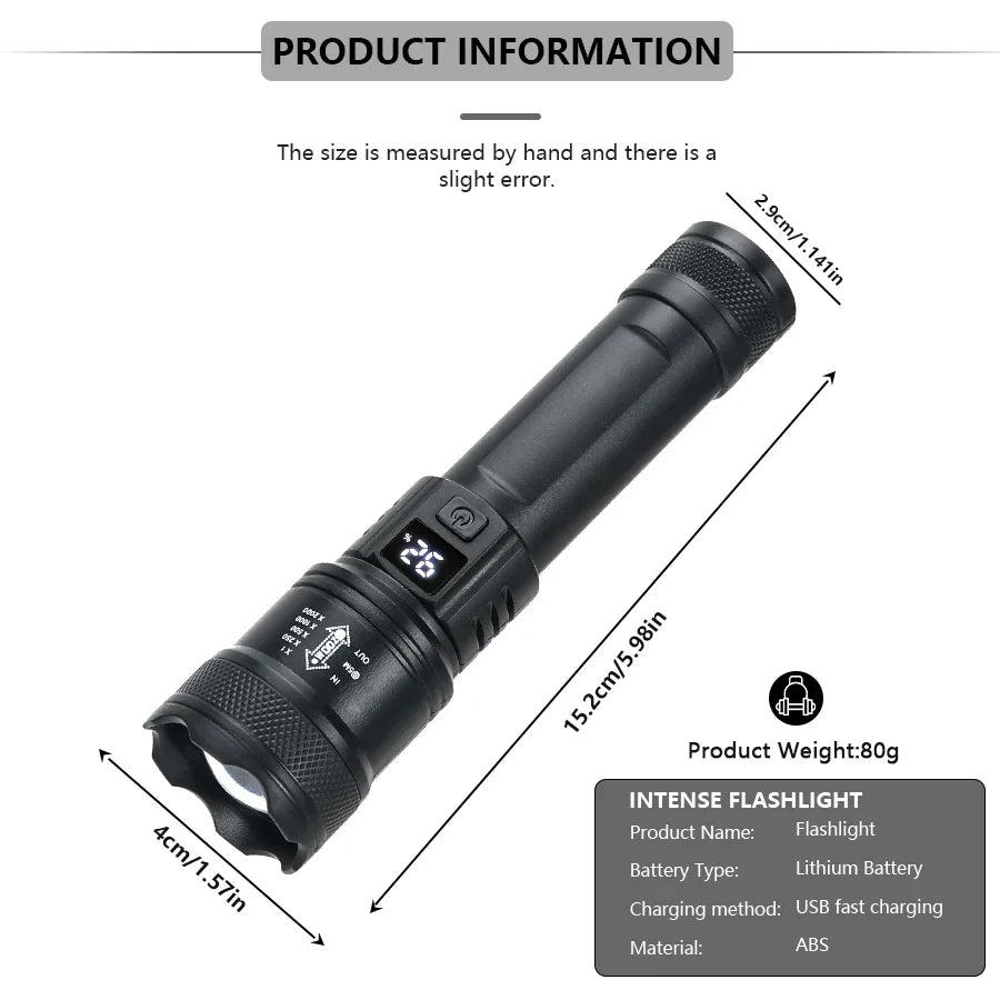 High Strong Power Led Flashlights 2000LM Tactical Torch with Display Light