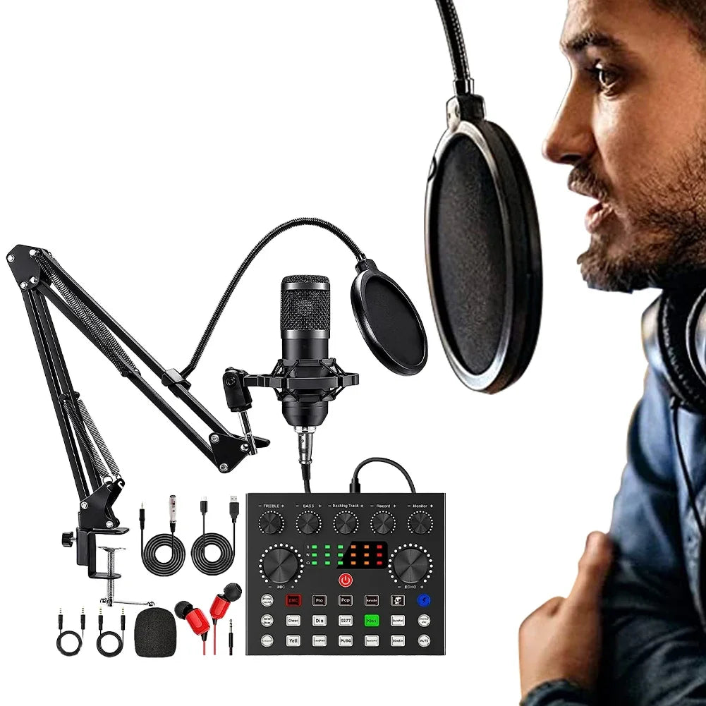 Podcast Microphone Kit USB/XLR Dynamic Mic Boom Arm Sound Card Set for Gaming Streaming Karaoke