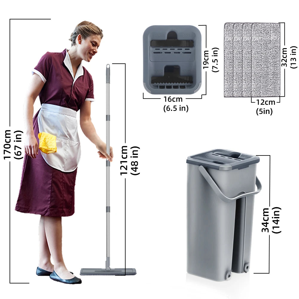 Hands Free Flat Floor Mop and Bucket Set with Washable Microfiber Pads for Hardwood Floors