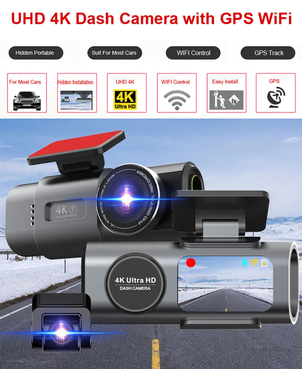 4K UHD Dash Cam with Night Vision, WiFi, GPS & 24H Parking Monitor DVR Camera