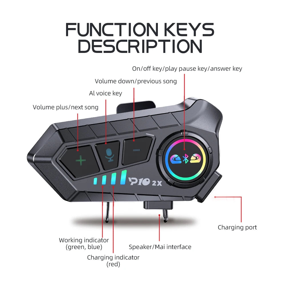 Motorcycle Intercom Headset BT 5.3 Waterproof Helmet Interphone for 2 Riders 300M Music Share
