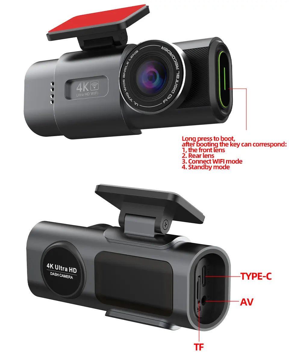 4K UHD Dash Cam with Night Vision, WiFi, GPS & 24H Parking Monitor DVR Camera