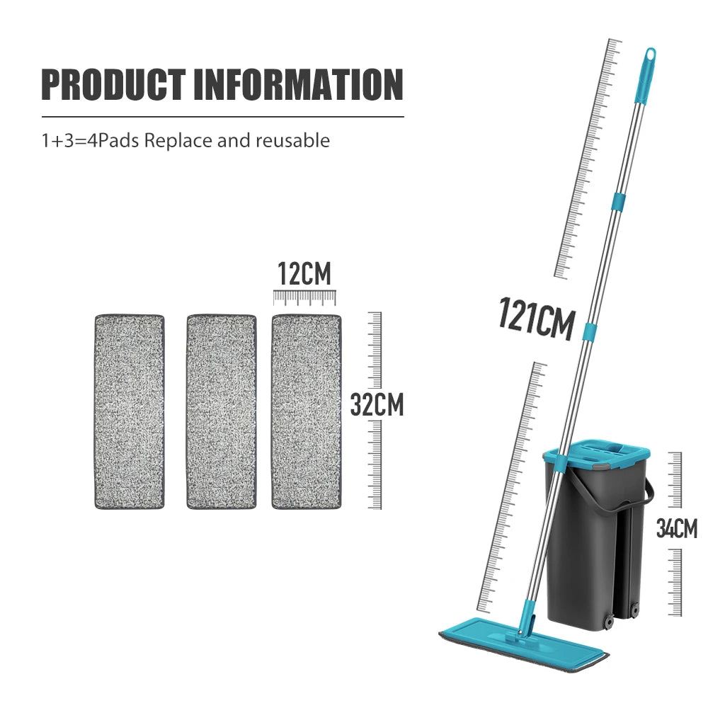 Hands Free Flat Floor Mop and Bucket Set with Washable Microfiber Pads for Hardwood Floors