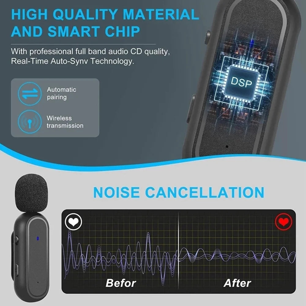 Wireless Lavalier Microphone with Charging Box Audio Video Noise Cancel Record Plug-and-Play Mic for IOS Android