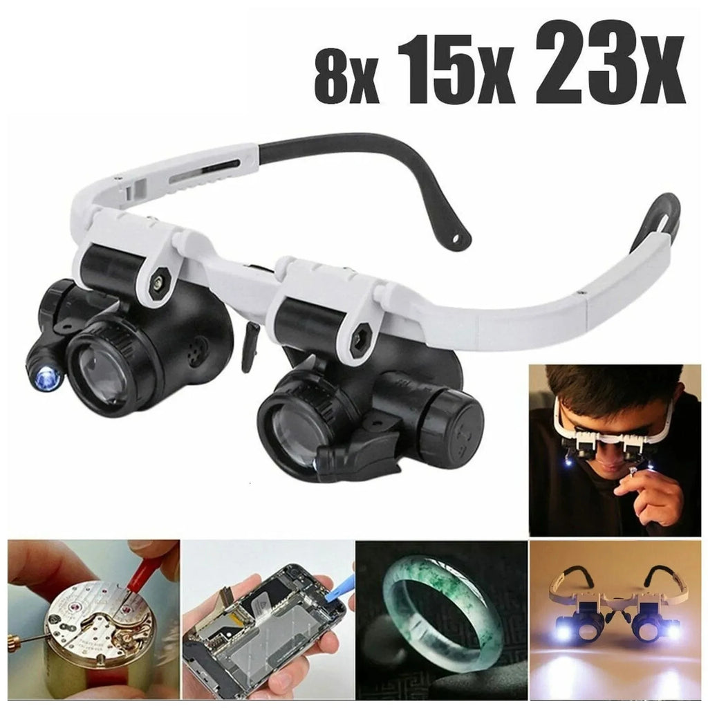 LED Head Mounted Magnifier Glasses 8X 15X 23X Jeweler Watch Repair Loupe Adjustable Headband
