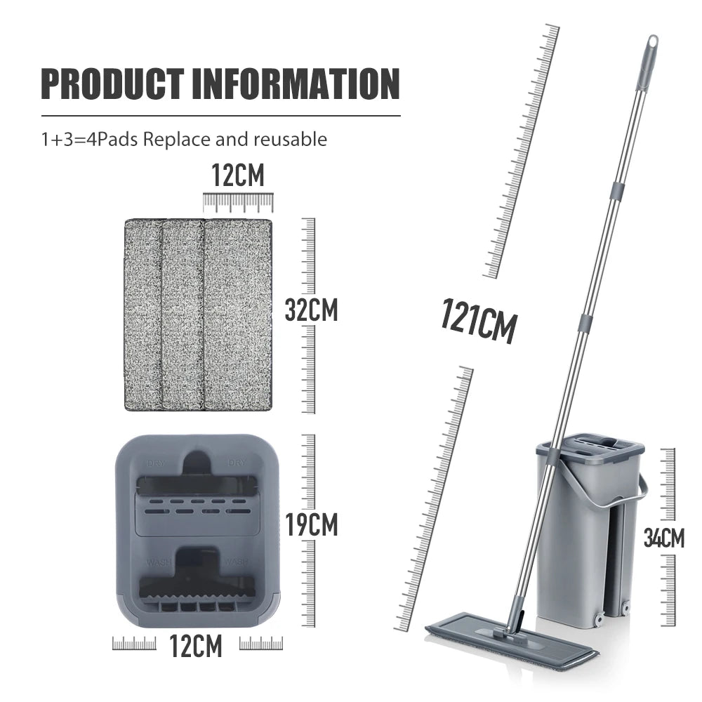 Hands Free Flat Floor Mop and Bucket Set with Washable Microfiber Pads for Hardwood Floors