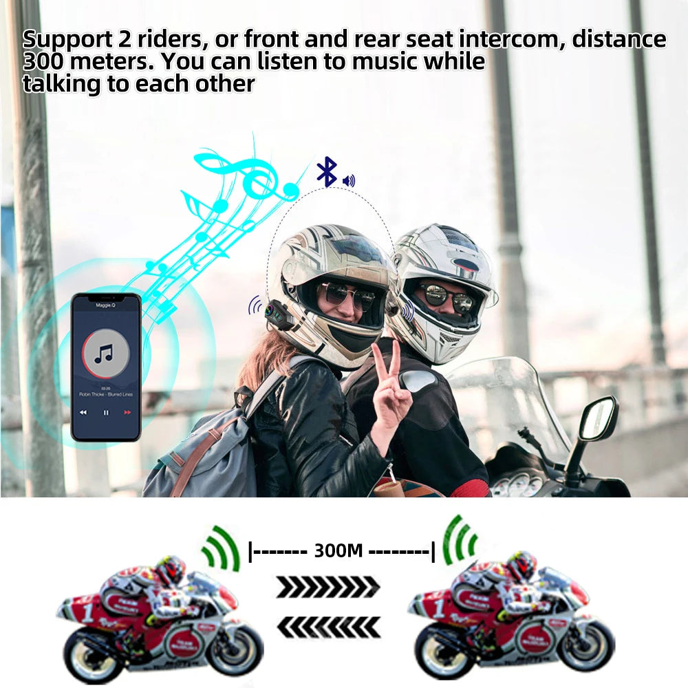 Motorcycle Intercom Headset BT 5.3 Waterproof Helmet Interphone for 2 Riders 300M Music Share