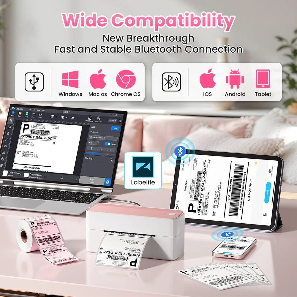 Bluetooth Thermal Label Printer Wireless Small Shipping Label Printer 4X6 Compatible with iPhone Android Mac Window