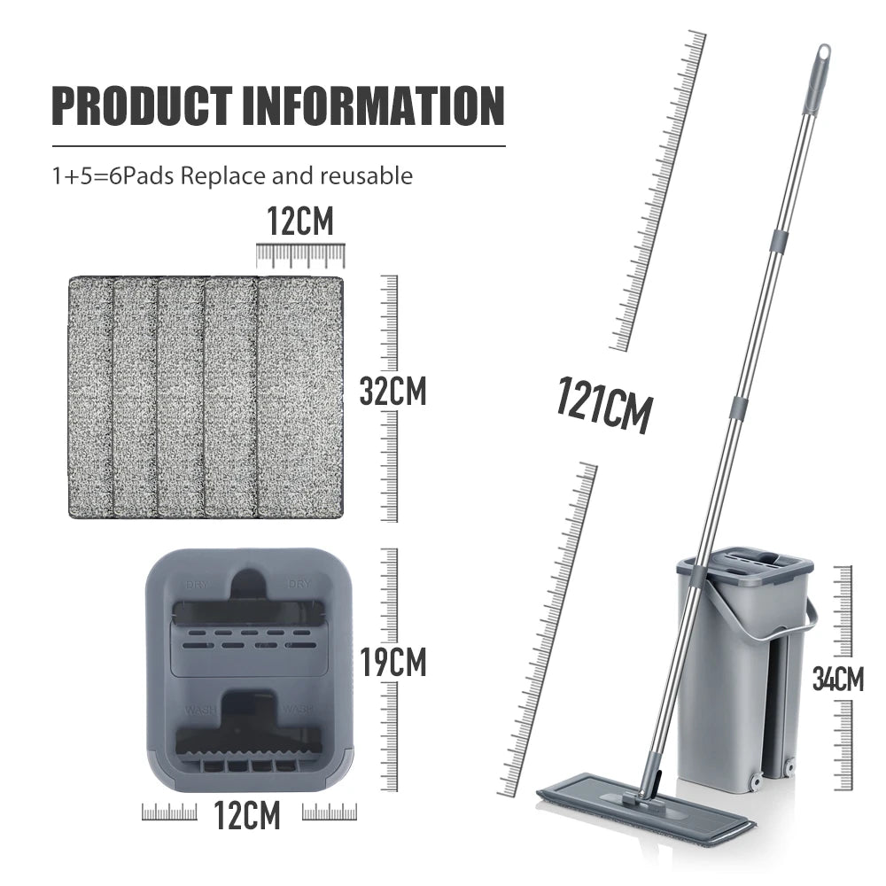 Hands Free Flat Floor Mop and Bucket Set with Washable Microfiber Pads for Hardwood Floors