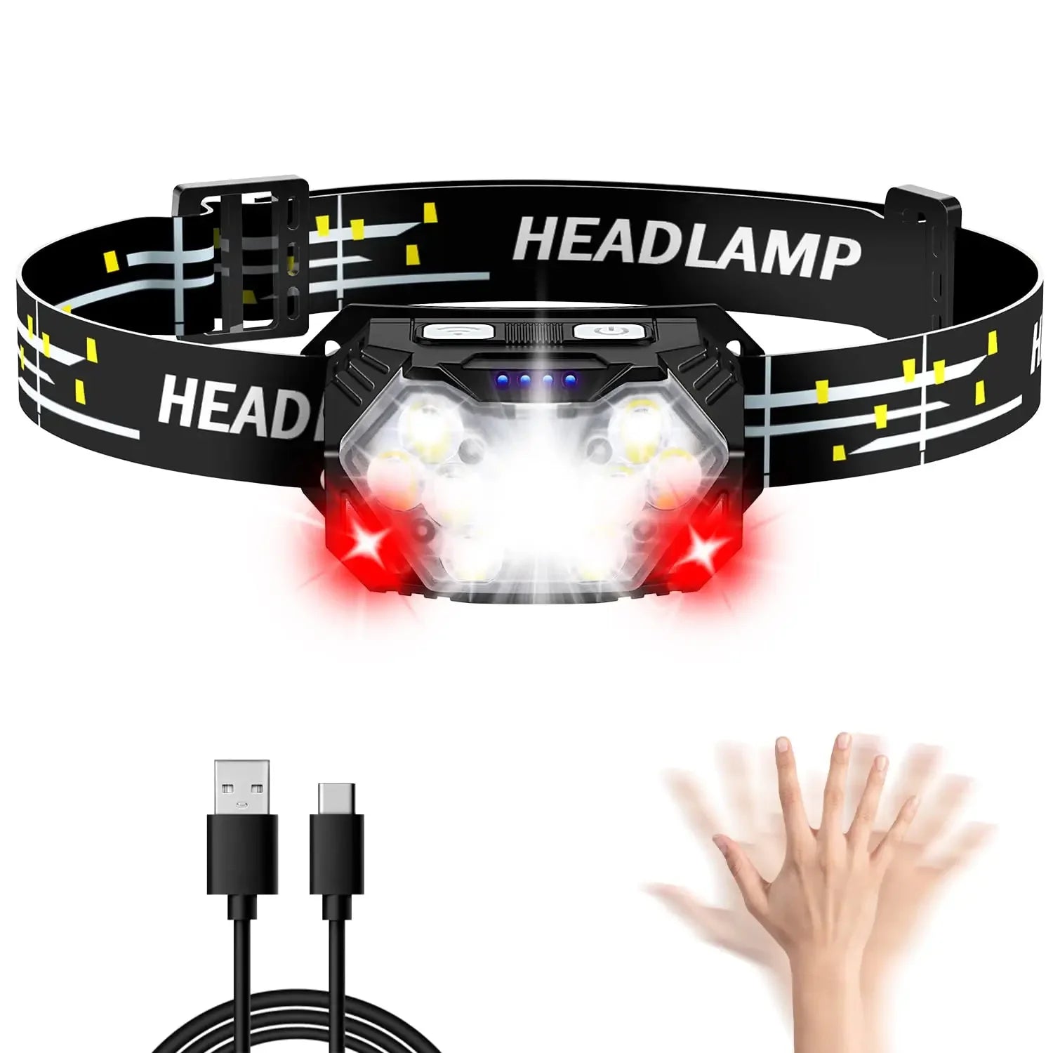 EvoFine LED Headlamp Flashlight With 7500Mah Built-in Battery USB Rechargeable Fishing Camping
