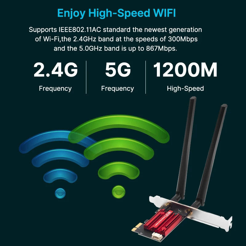 WiFi 5 PCI-E Wireless Adapter AC1200 Network Card Dual Band 2.4G/5GHz 802.11AC For Bluetooth 4.0 Desktop Windows 7/8/10/11