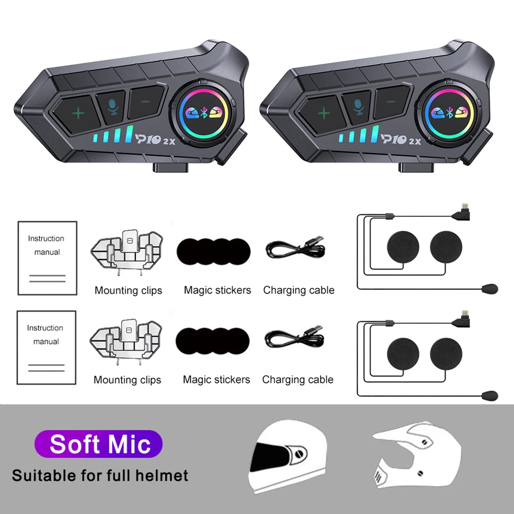 Motorcycle Intercom Headset BT 5.3 Waterproof Helmet Interphone for 2 Riders 300M Music Share