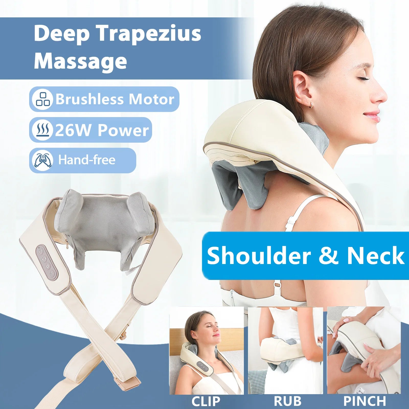 Neck and shoulder massager with features highlighted on a blue background