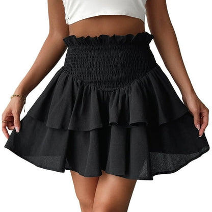 SOMER Mini Skirts for Women Summer High Waist Short Pleated Skirt Pleated A-Line Elastic Ruffle Beach Dress Casual 2025 Black
