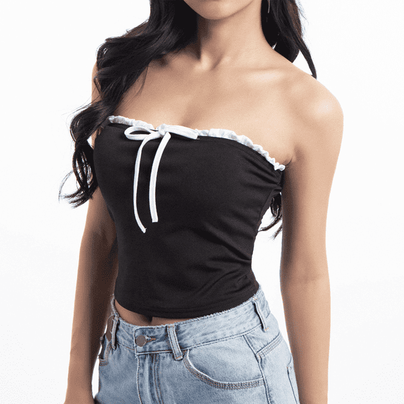 SOMER Strapless Tops for Women, Tube Top Ruffle Trim Bow Tie Bandeau Sleeveless Slim Fit Crop Top for Casual Party Clubwear