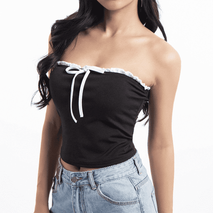 SOMER Strapless Tops for Women, Tube Top Ruffle Trim Bow Tie Bandeau Sleeveless Slim Fit Crop Top for Casual Party Clubwear