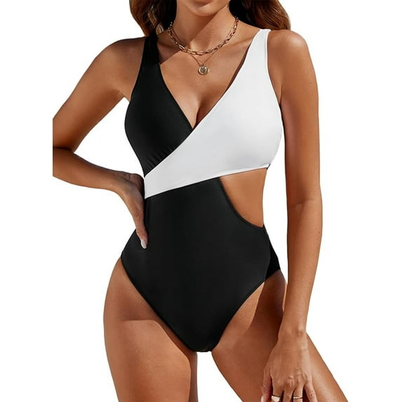 SOMER Womens One Piece Swimsuits Bathing Suits Tummy Control Swimsuits Sexy High Cut Color Block Monokini