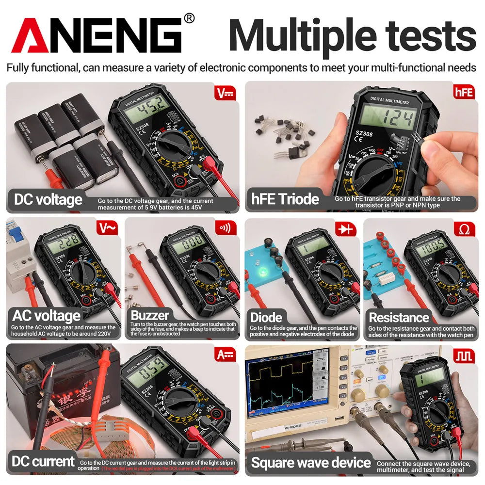 Digital Multimeter AC/DC Current Meter Voltage Resistance Meter Electrician LCD Backlight Ohm Square Wave Test